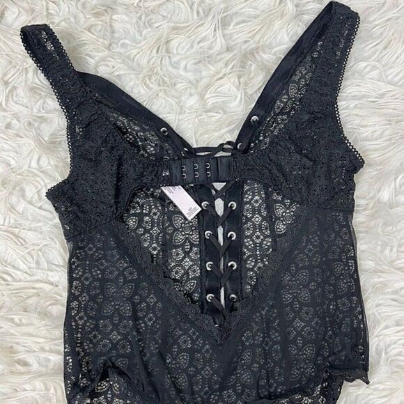 Victorias Secret Dream Angels Sheer Black Lace Up Thong Teddy Bodysuit Small - Picture 8 of 12